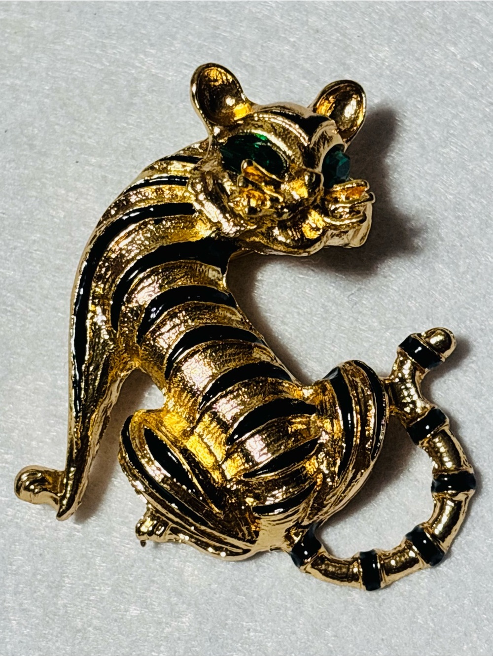 Gold Tone Tiger Brooch with Black Enamel Stripes & Green Eyes